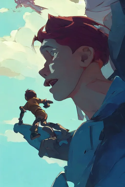 Image similar to a boy looking up into the sky seeing an anxious reflection of himself behance hd artstation by jesper ejsing, by rhads, makoto shinkai and lois van baarle, ilya kuvshinov, ossdraws, that looks like it is from borderlands and by feng zhu and loish and laurie greasley, victo ngai, andreas rocha