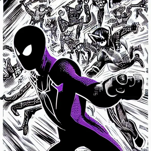 Image similar to black and purple spiderman drawn in comic book art style by steve ditko, 4 k digital art