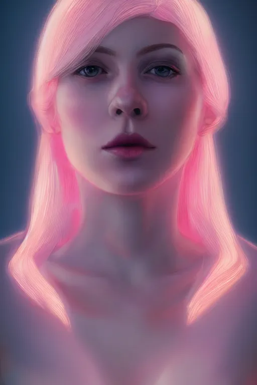 Prompt: Portrait of a beautiful pale skin Nordic female with short pink hair, elegant, photorealistic, highly detailed, artstation, smooth, sharp focus, gold ornaments, neon lighting, sci-fi, art by Klimt.