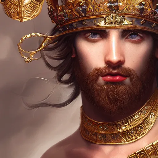 Image similar to portrait of a radiant greek mythology god, jewelry, crown, confident, handsome, stunning, dramatic lighting, detailed, very realistic, trending on Artstation, Cgsociety