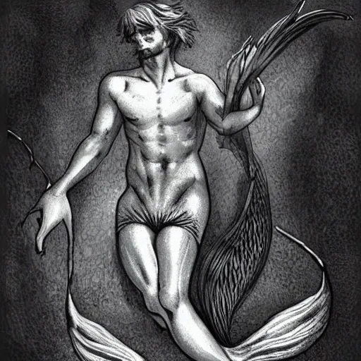 Prompt: male merlock holmes mermaid with a big mermaid tail sitting at the bottom of the sea under water in the style of romanticism
