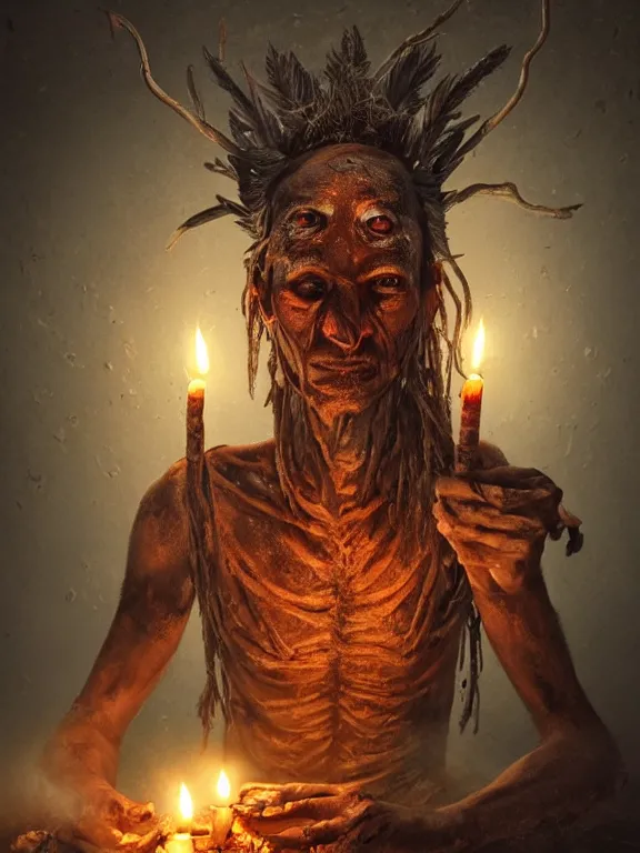 Image similar to fine painting of a death shaman from an ancient culture with mushrooms growing from his body, candlelight, 8 k, ultra realistic, lens flare, atmosphere, glow, detailed, intricate, full of colour, cinematic lighting, trending on artstation, 4 k, hyperrealistic, focused, extreme details, unreal engine 5, cinematic, masterpiece