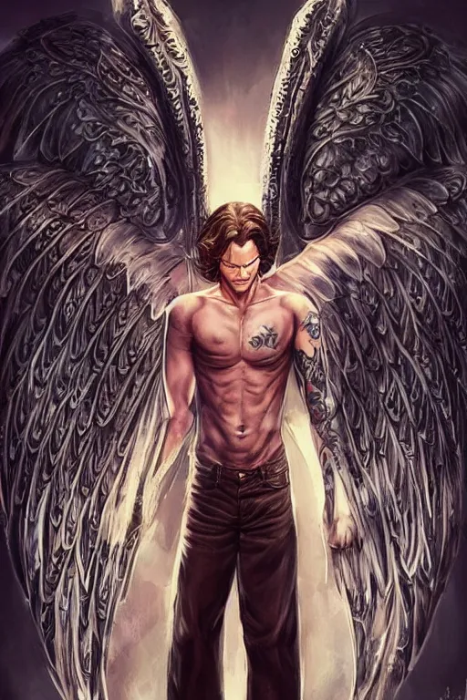Prompt: handsome! Sam Winchester as a muscular angel wings wide open whole body tattooed with runes and religious symbols, urban fantasy romance book cover, D&D!, fantasy style, sharp focus!, ultra detailed, art by Artgerm and Peter Andrew Jones, WLUP