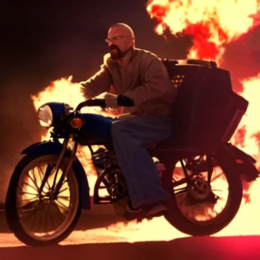 Image similar to photo of walter white riding a bike with an exploding car behind him, color, cinematic lighting