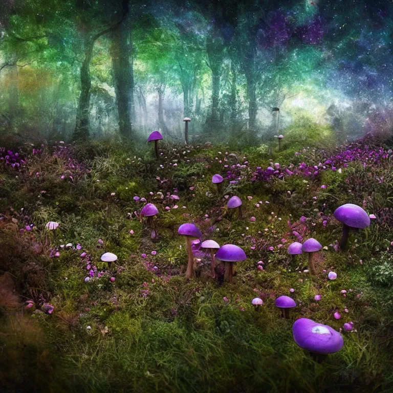 Image similar to a planet of various fungus, mushrooms, flowers and plants, inside the picture is infinity, Atmospheric, artistic photography, conceptual, long exposure outside the city, volumetric light