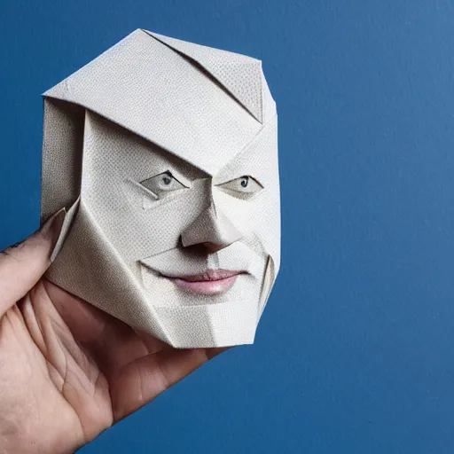 Image similar to an origami portrait of a caucasian man with wavey short hair, made from paper, friedly smile, raised eyebrows, great composition, ambient light