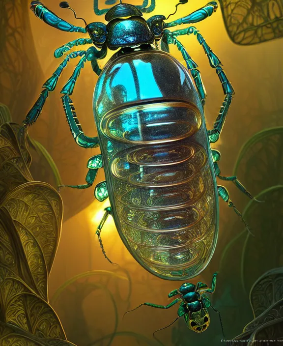 Prompt: intricate ornate opulent transparent clear see - through portrait of a playful beautiful alien beetle, fractal, adorable, childlike, overgrown biopunk jungle environment, ultra realistic, concept art, art nouveau, photorealistic, octane render, 8 k, unreal engine. art by christopher marley and artgerm and greg rutkowski and alphonse mucha