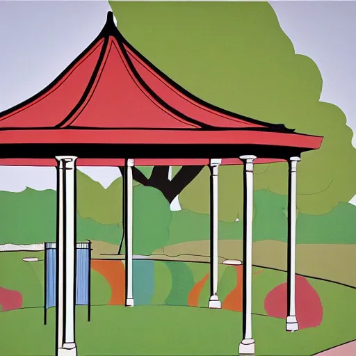 Prompt: garden gazebo, artists gouache on matte paper, patrick caulfield