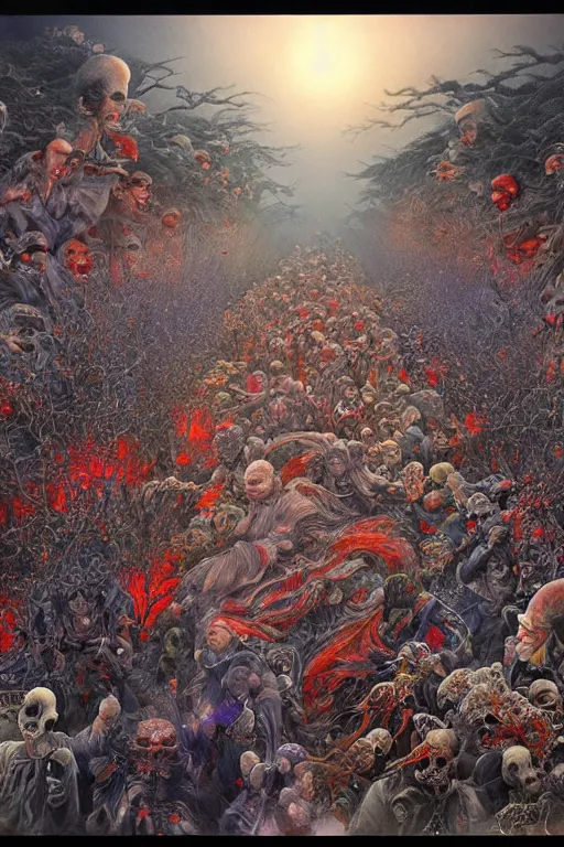 Image similar to 中 国 鬼 节, long procession of the dead is queuing up on the naihe bridge. psychedelic lights and fog, zdzislaw, ayami kojima, yamamoto, barclay shaw, karol bak, hyperrealist, 8 k