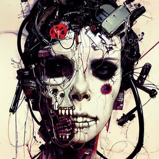 Prompt: a female cyberpunk noir detective, skulls, wires cybernetic implants, machine noir grimcore, in the style of adrian ghenie esao andrews jenny saville surrealism dark art by james jean takato yamamoto and by ashley wood and mike mignola