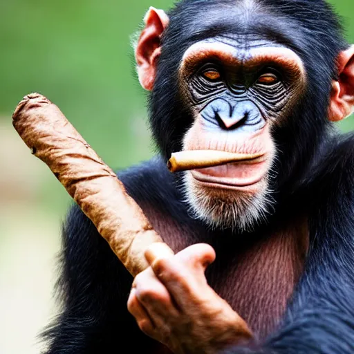Image similar to a high detail closeup shot of a chimp wearing a suit and smoking a cigar