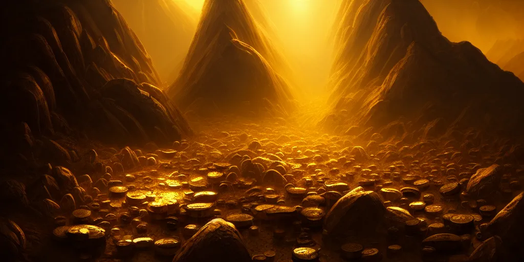 Image similar to epic cinematic background for a movie about ancient gold, dynamic light, mountains of metallic gold coins, cinematic, cinematic light ,detailed, dark, ancient, moody, dramatic atmosphere, artstation, beautiful, intricate details, interesting shot, digital painting,