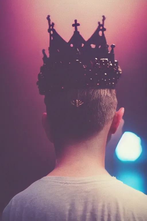 Image similar to agfa vista 4 0 0 close up photograph of a guy wearing an intricate gothic crown, back view, synth vibe, vaporwave colors, lens flare, moody lighting, moody vibe, telephoto, 9 0 s vibe, blurry background, grain, tranquil, calm, faded!,