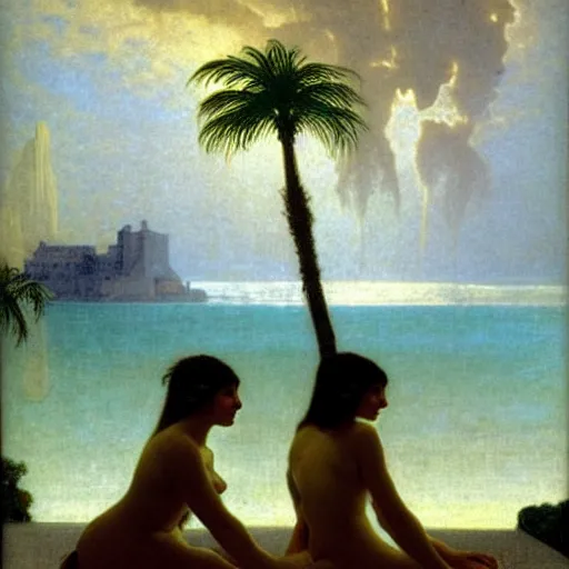 Image similar to Silhouette of two girls at the palace, thunderstorm, greek pool, beach and palm trees on the background major arcana sky, by paul delaroche, alphonse mucha and arnold böcklin arnold böcklin hyperrealistic 8k, very detailed