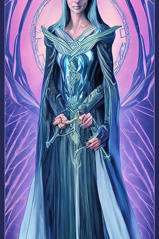 Image similar to tarot illustration of galadriel as the empress by artstation