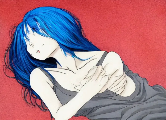 Image similar to a woman with blue hair laying on the ground with her head down, a detailed painting by rei kamoi, featured on pixiv, space art, official art, anime, toonami