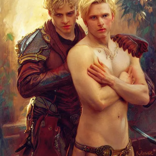 Image similar to attractive male, arthur pendragon who has blond hair confesses his love to attractive male, merlin who has dark hair. highly detailed painting by gaston bussiere, craig mullins, j. c. leyendecker 8 k