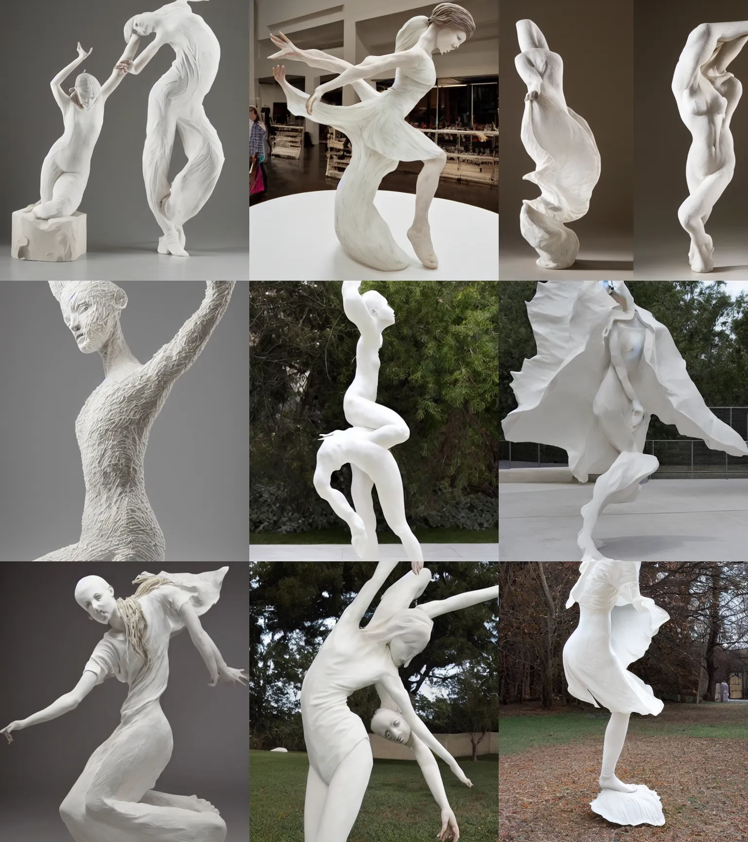 Prompt: sculpture of young girl, frantic dancing pose, organic forms, white clothes, extremely detailed, modern sculpture by Beth Cavener and Valerie Hadida