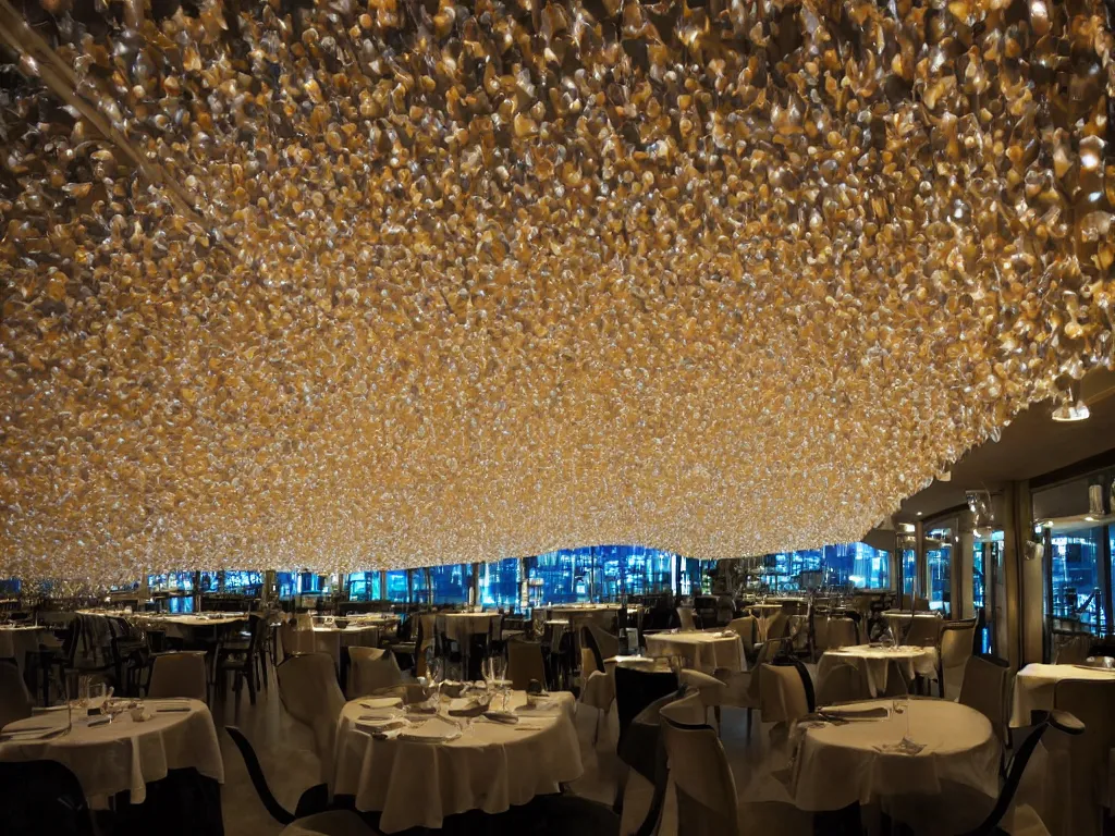 Prompt: drapes with curved translucent drapes projecting detailed sci - fi art, pixel perfect photograph, high contrast, volumetric lighting, thin glowing lights, restaurant, chairs, users, pair of keys