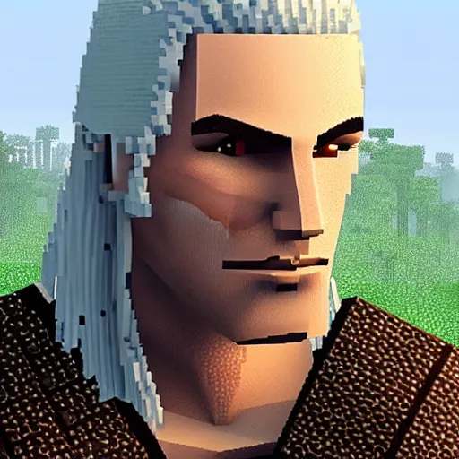 Prompt: geralt of rivia in minecraft