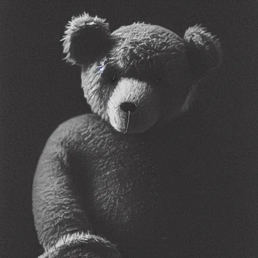 Prompt: a ( chiaroscuro lighting portrait ) of kanye west dressed as teddy bear mascot, black background, portrait by julia margaret cameron, shallow depth of field, 8 0 mm, f 1. 8