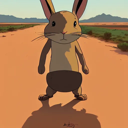 Prompt: a study of cell shaded cartoon of a rabbit dancing on a desert road, full body, wide shot, very muted colors, post grunge, studio ghibli, laurie greasley, highly detailed, deviantart, art by artgem