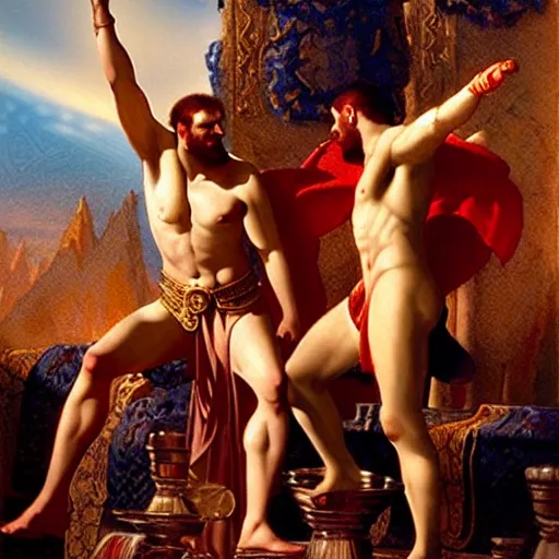 Prompt: ares the god of war accuses hercules of betrayal! zeus sits on the throne of olympus, heavenly marble, ambrosia served on golden platters, painting by gaston bussiere, craig mullins, j. c. leyendecker, tom of finland