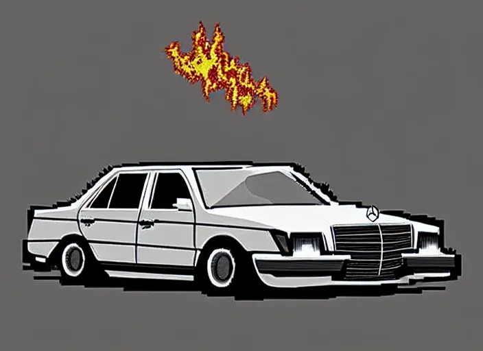 Image similar to burning wrecked mercedes 1 2 4, pixelart, monochrome gameboy, award winning. dramatic. trending on artstation, low resolution sync