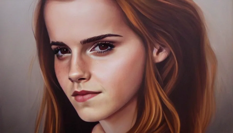 Prompt: emma watson portrait photorealistic painting. soft lighting, smooth gradients. seductive smile. lights and shadows. sultry, anamorphic lens
