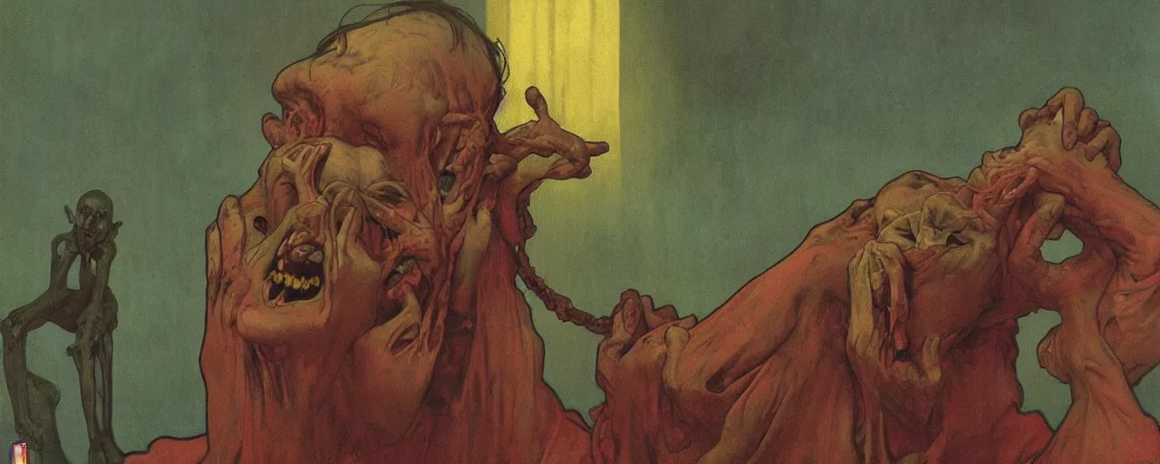 Prompt: vintage color footage contorted exaggerated melodramatic exorcism scared priest, wide open mouth in terror, crying figures inside mental hospital by zdzisław beksinski and alphonse mucha, ( ( ( ( ( ( ( makoto shinkai raphael lacoste martin deschambault finnian macmanus artstationhq iamag