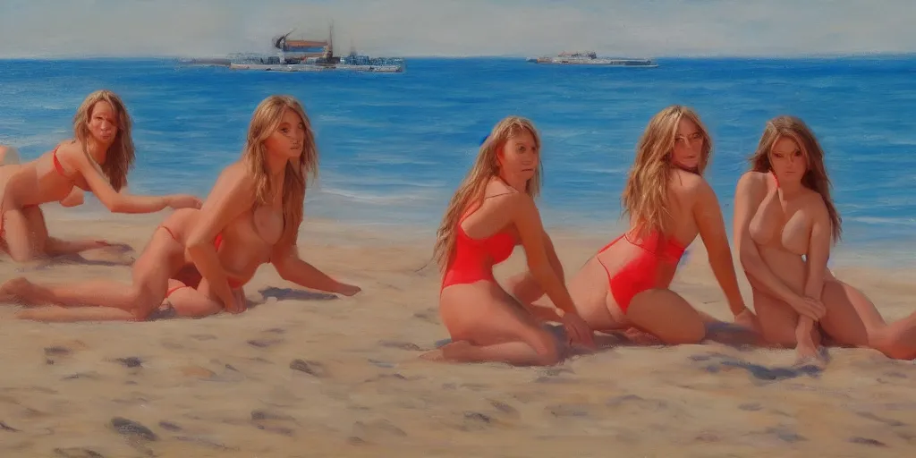 Image similar to hot babes on the beach, cinematic lighting, detailed oil painting, hyperrealistic, 8k