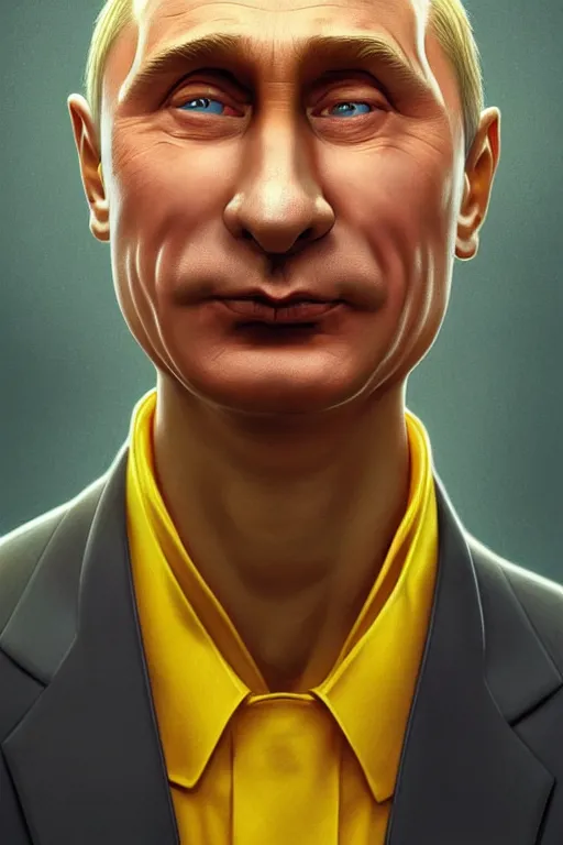 Prompt: vladimir putin as a yellow funny character from the simpsons, realistic portrait, symmetrical, highly detailed, digital painting, artstation, concept art, smooth, sharp focus, illustration, cinematic lighting, art by artgerm and greg rutkowski and alphonse mucha