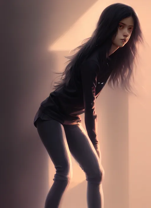 Prompt: ultradetailed beautiful painting of a stylish young lady wearing a sport top, dramatic, she has black long hair, distressed, volumetric light, full body portrait by greg rutkowski, ilya kuvshinov, james jean, makoto shinkai, on artstation