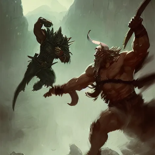 Image similar to an orc fighting an elf, greg rutkowski
