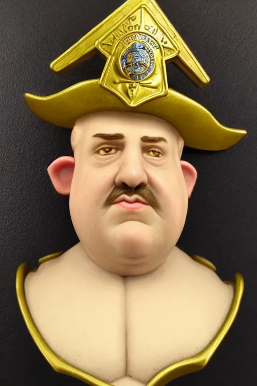 Image similar to high fantasy elf mall cop with a sheriff's badge that is fat, shifty, and incompetent, portrait from the chest up, Oil Painting, hyper realistic, dutch golden age, 3/4, bust 8k UHD scan