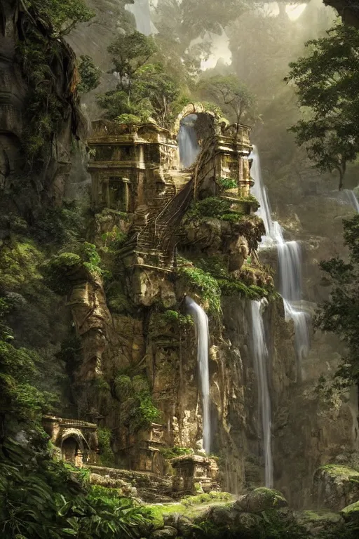 Prompt: carved into the Rock a citadel-temple above a waterfall , gnarly trees, lush vegetation, forrest, a small stream runs beneath the waterfall, landscape, raphael lacoste, eddie mendoza, alex ross, concept art, matte painting, highly detailed, rule of thirds, dynamic lighting, cinematic, detailed, denoised, centerd