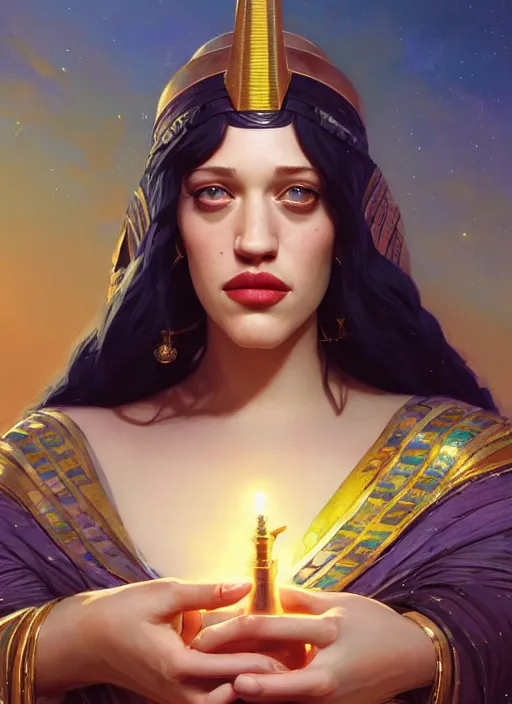 Image similar to Highly detailed portrait of Kat Dennings, as an Egyptian goddess, Stephen Bliss, unreal engine, fantasy art by Greg Rutkowski, Loish, Rhads, ferdinand knab, Makoto Shinkai and Lois van baarle, ilya kuvshinov, rossdraws, Tom Bagshaw, global illumination, radiant light, detailed and intricate environment