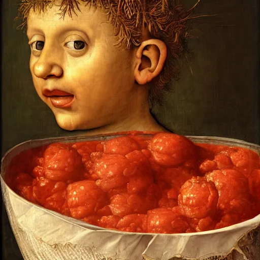 Image similar to a boy sitting in a tub full of tomato sauce, a lot of cabbage, by giuseppe arcimboldo and ambrosius benson, renaissance, portrait, fruit, detailed oil paint, high definition