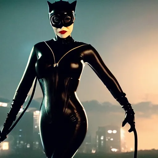 Image similar to real-life Catwoman, cinematic, Wide-shot, atmospheric lighting, directed by Quentin Tarantino, extreme detail, 8K, movie still