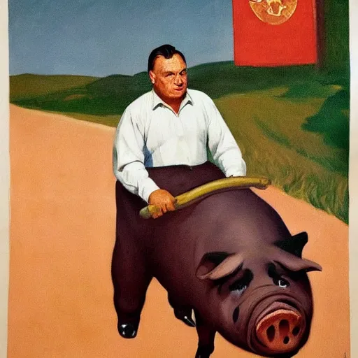 Prompt: highly detailed propaganda poster portrait of the leader of fascist hungary, viktor orban riding a pig during a traditional pig slaughter, painted by edward hopper