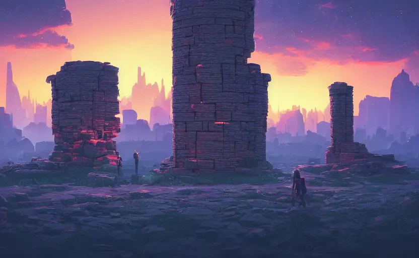 Image similar to A landscape with a giant stone brick tower with pillars on top at sunset, magical portal, cyberpunk, glowing runes, technology, Low level, rendered by Beeple, Makoto Shinkai, syd meade, simon stålenhag, environment concept, synthwave style, digital art, unreal engine, WLOP, trending on artstation, 4K UHD image, octane render,