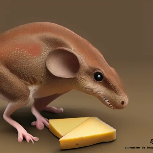 Image similar to dinosaur mouse eating cheese, photo realistic concept art