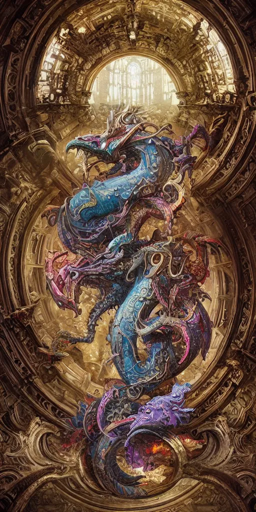 Image similar to enormous colorful Ouroboros floating around inside an ancient mage castle hall colossal scale, gothic and baroque, brutalist architecture, ultradetailed, intricate details by Ellen Jewett and Ayami Kojima