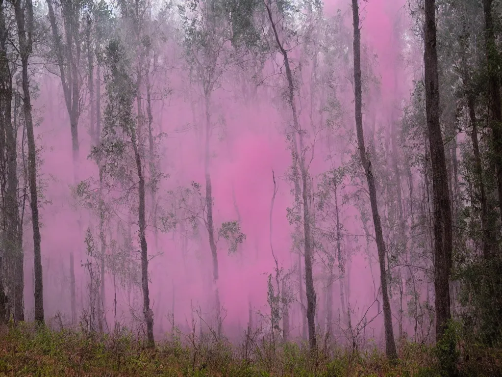 Image similar to forest in pink smoke