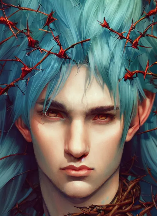 Prompt: close up portrait of a male elf with blue hair surrounded by thorns, male elf, thorns, d & d, face, fantasy, intricate, elegant, highly detailed, digital painting, artstation, concept art, smooth, sharp focus, illustration, art by artgerm and greg rutkowski and alphonse mucha