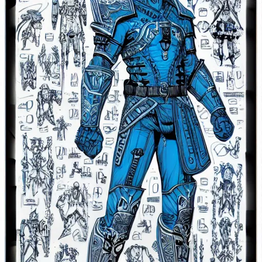 Image similar to white-on-blue blueprint with anotations of ornate armor legs covered in runic tattoos, Travis Charest style