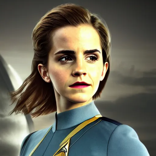 Prompt: a portrait of emma watson as a star fleet officer from star trek next generation, ultra rendered extreme realism and detail, 8 k, highly detailed, realistic, completely framed, pbr, surreal, hyper realistic, colorful, direct lighting, 3 5 mm photo, photorealistic, sharp focus