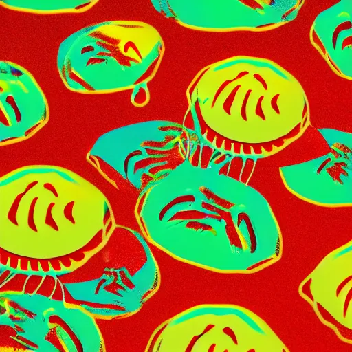 Image similar to hamburger mix jellyfish, cg, 8 k, surrealistic, sharp focus, super resolution, style by andy warhol