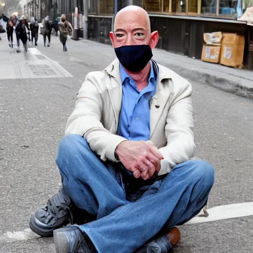 Image similar to jeff bezos as a homeless person, living in the streets