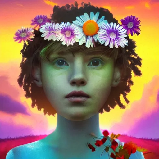 Image similar to daisy flower for a face, portrait of girl in flower field, holding daisy, surreal photography, sunrise, impressionist painting, colorful clouds, digital painting, artstation, simon stalenhag, flower face